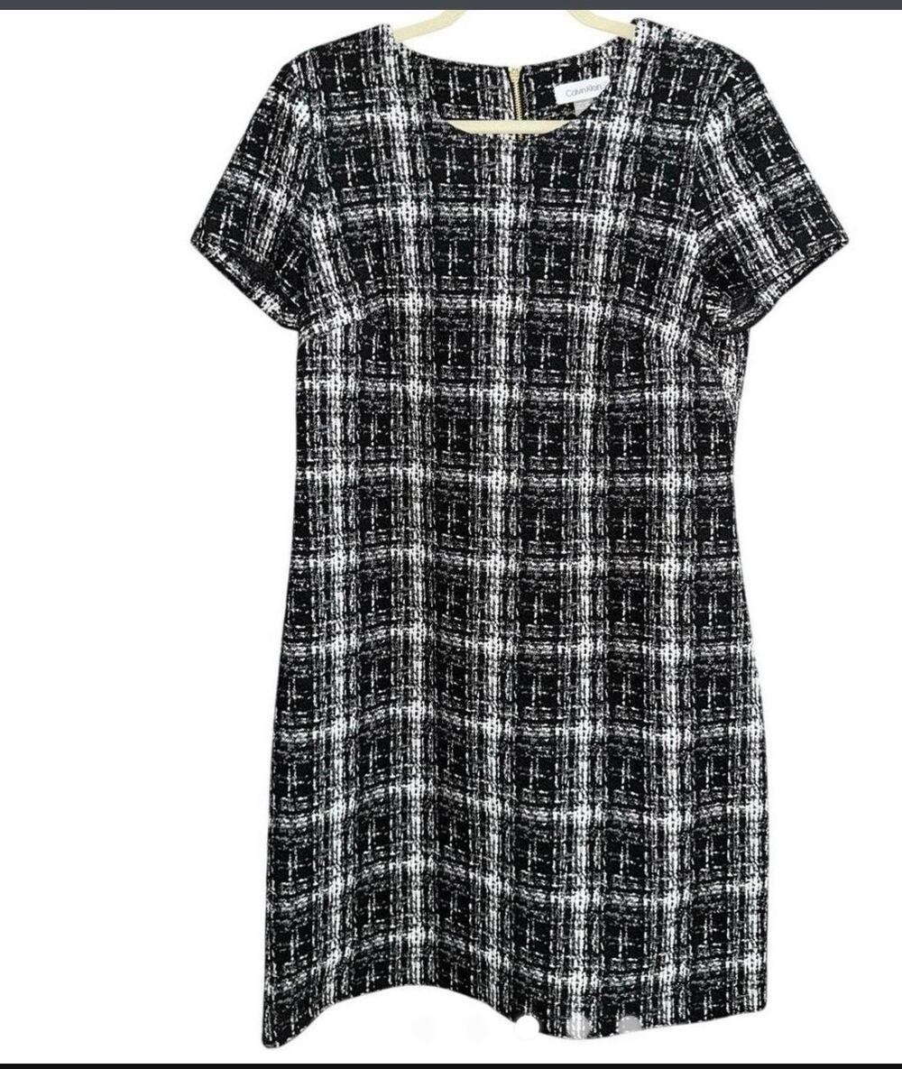 Calvin Klein Black & White Plaid Tweed Shift Dress - Size 16